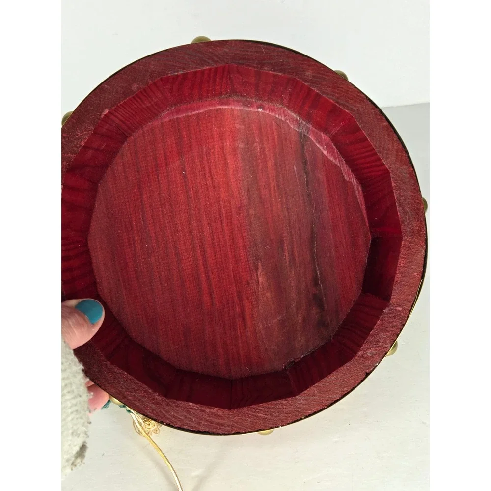 Vintage Wooden Nutcracker Drum Bowl Red Brass Gold Tassel Christmas Decor Vase